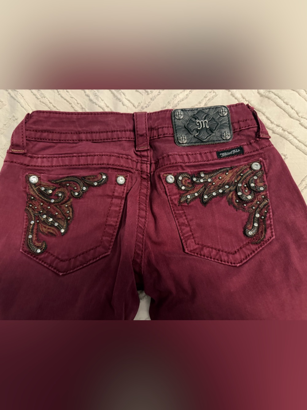 Miss Me Embroidered Skinny Jeans in Maroon
